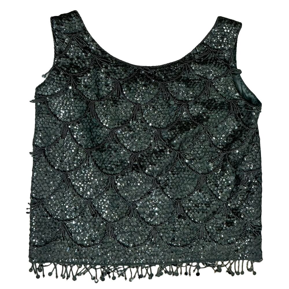 Vintage 70s Black Sequin Scallop Beaded Fringe Black Crop Wool Tank Top size M - Picture 2 of 9